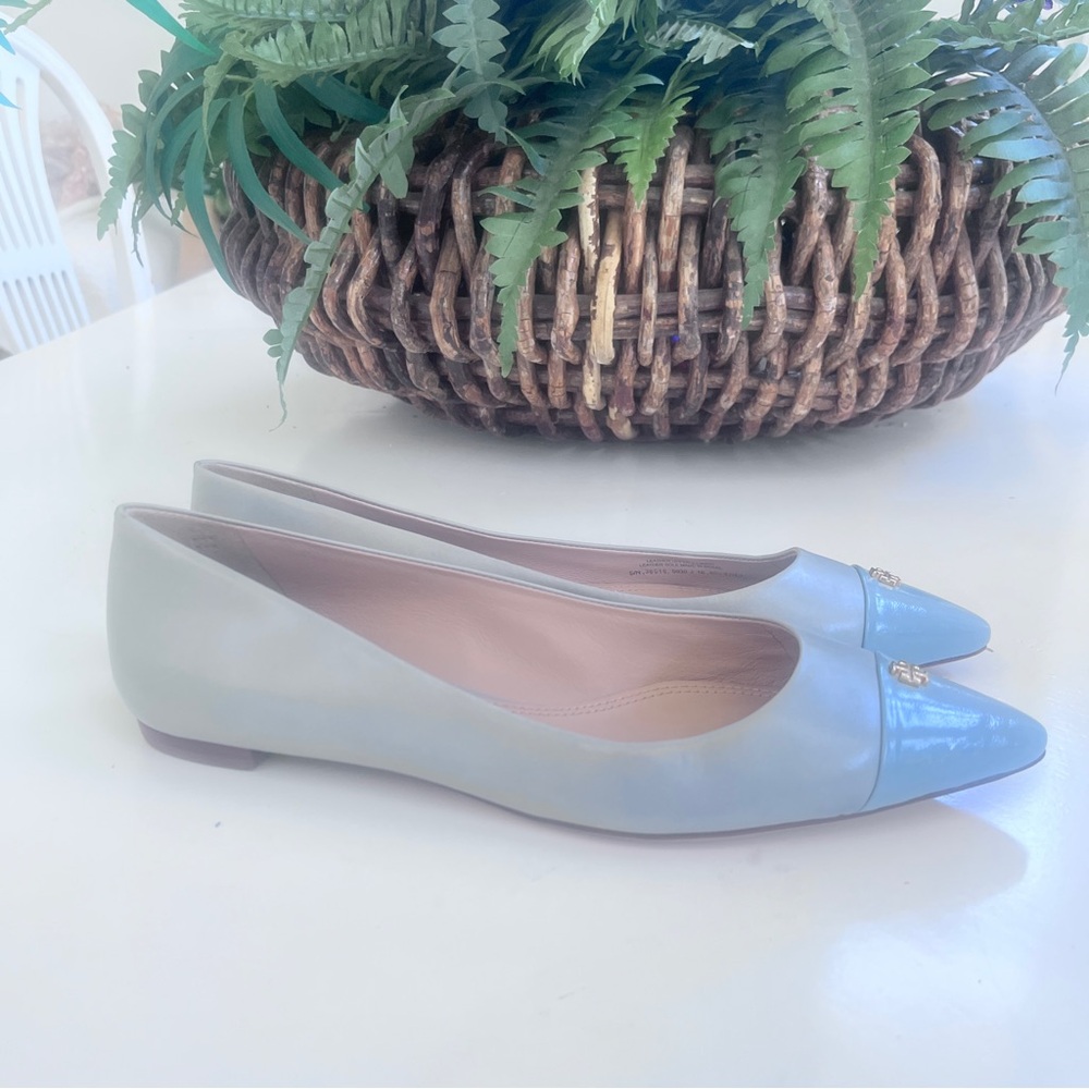 TORY BURCH NWOB Fairford Pointed Toe Ballet Flats 10M Powder Blue Cap Toe $275 - Picture 2 of 13